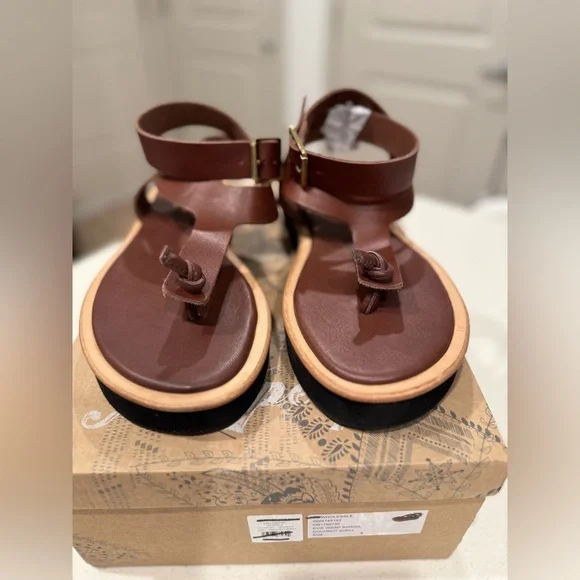 NWT Free People Hazel Flatform Sandals 9 Coconut Shell Brown Leather Toe Post - Picture 4 of 15